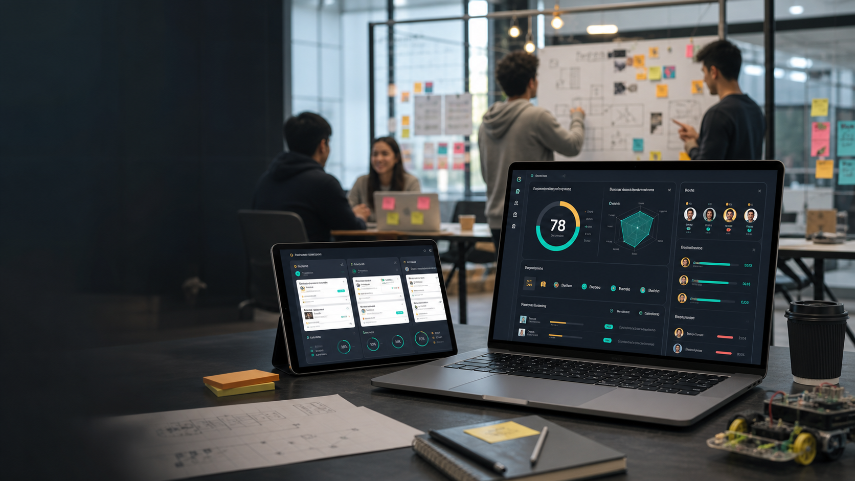 Student venture AI dashboard in a modern innovation workspace